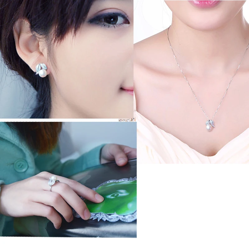 Real Pearl  ring Necklace Earrings For Women,Natural Freshwater White Pearl Jewelry Set 925 Sterling Silver Jewelry Sets Gift - 6