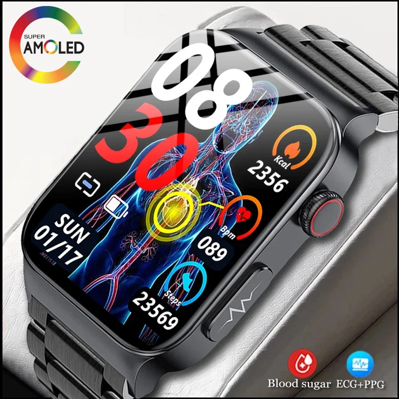 

2023 New Blood Glucose High-end Smart Watch Men AMOLED 1.92inch HD ECG Blood Pressure Monitoring Waterproof Healthy Smartwatch