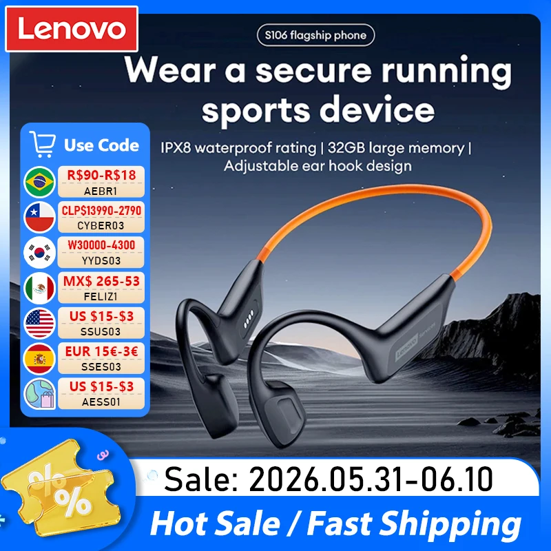 Lenovo S106 True Bone Conduction Headset Bluetooth 6.0 IPX8 wasserdichte Kopfhörer 32 GB MP3 HIFI-Ohrhörer mit Mikrofon zum Schwimmen