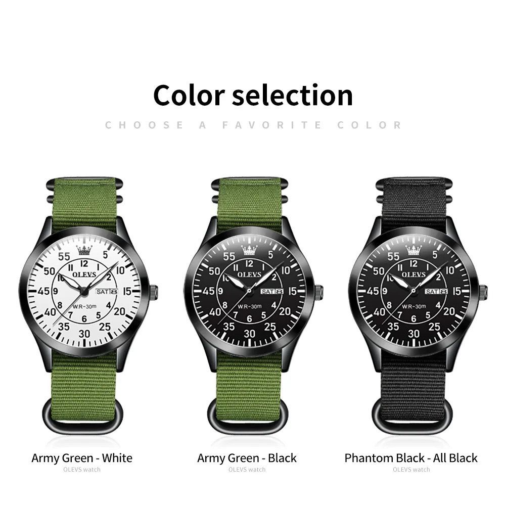OLEVS Quartz Watch for Men Original Army Green Nylon Strap Waterproof Lumious Dual Calendar Sport Fashion Style Men's Wristwatch