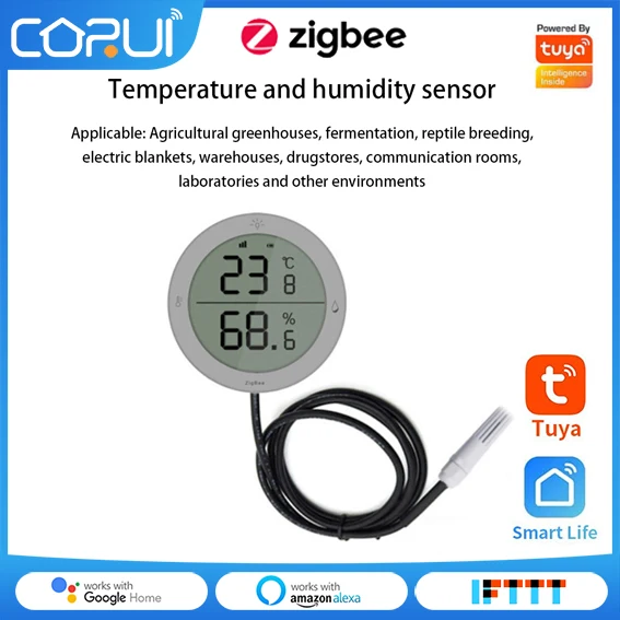 

CORUI Tuya ZigBee Temperature Humidity Sensor High Precision With Wire Probe Seedling Fermentation Breeding Alexa Google