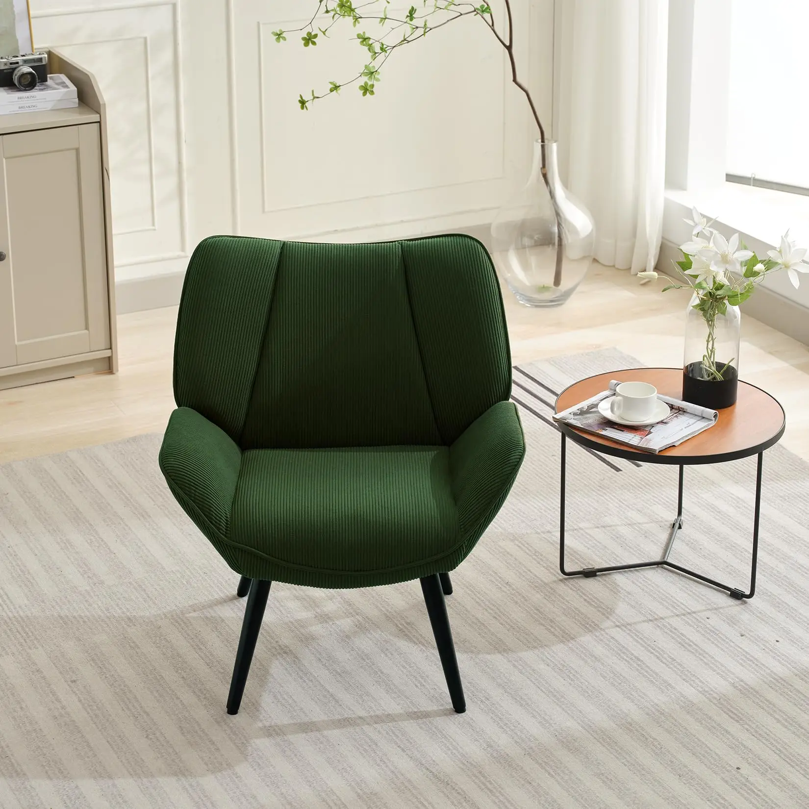 Wohnzimmer-Akzentsessel, moderner Wingback-Lesesessel, bequemer Cord-Sofasessel mit Metallbeinen, gepolsterter Clubsessel – Detail 1