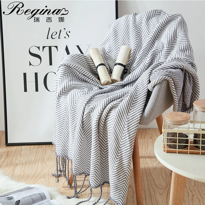 Regina Wave Stripe Knit Texture Throw Blanket Brown Gray Fringes