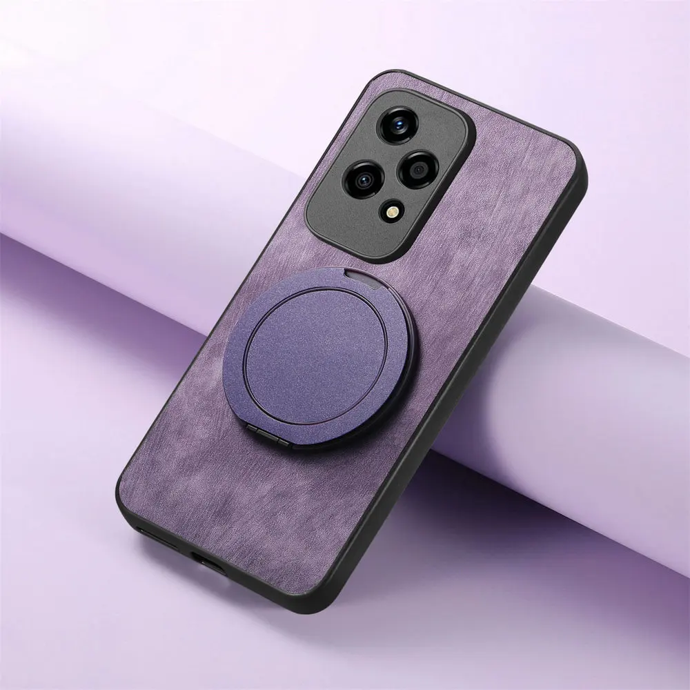 Leather Back Panel Phone Case with Magnetic Ring Holder, Enhanced Protection