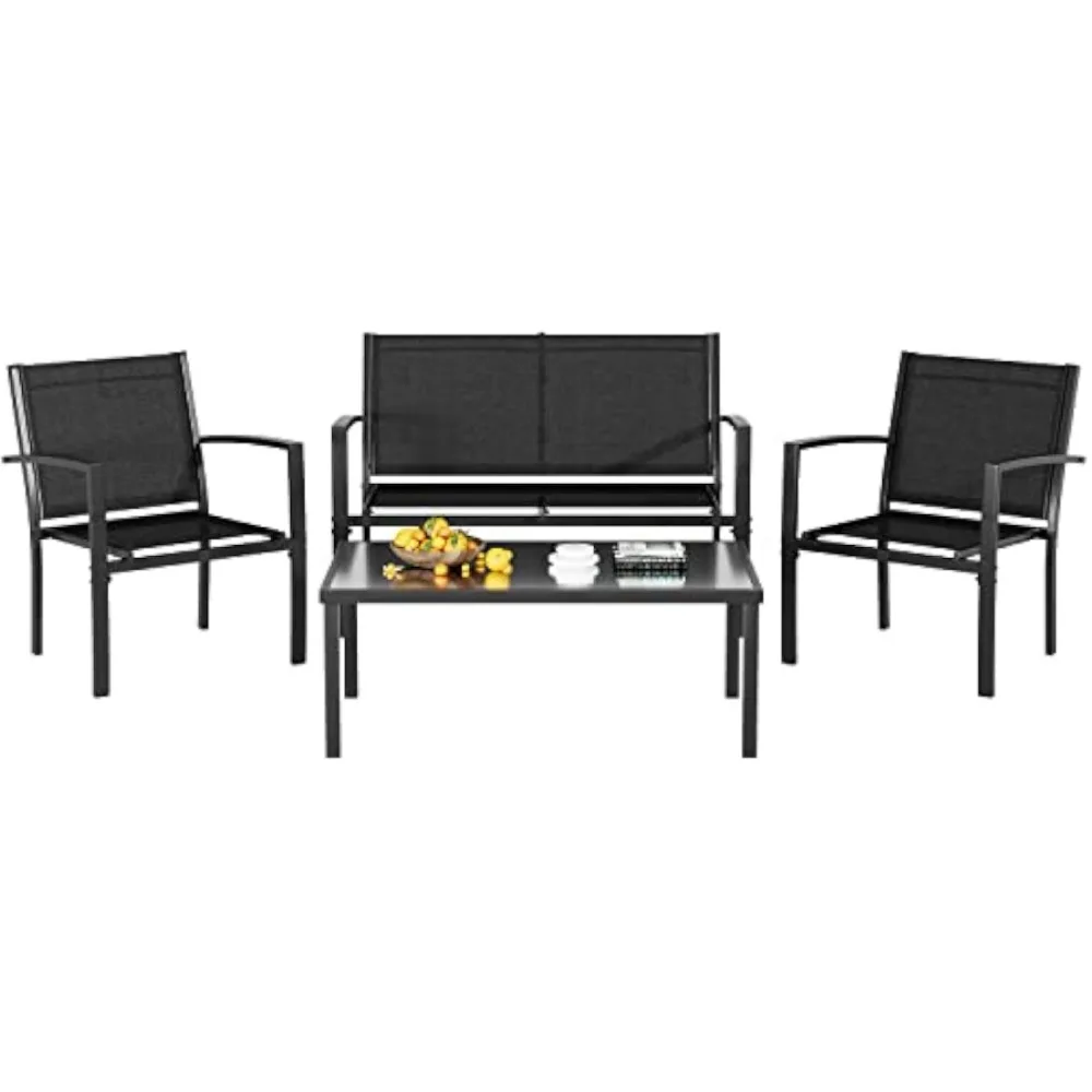 Greesum 4 Pieces Patio Furniture Set, Outdoor Conversation Sets for Patio, Lawn, Garden, Poolside with A Glass Coffee Table