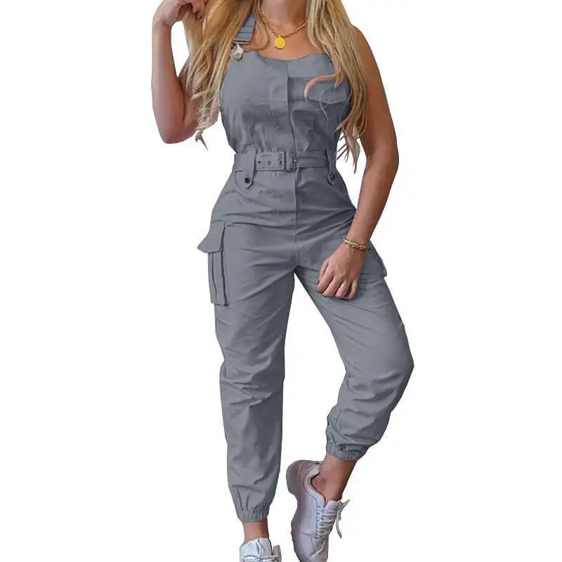 Women's Workwear Pocket Design Jumpsuit Sleeveless Strap Pants Minimalist Leggings+Belt