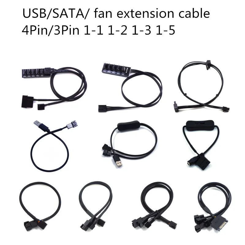 

PC cooling fan extension cable Motherboard Transfer hub sata 12V/5V DC5521 to 3 Pin/4 Pin 1 to 2/3/5 USB to 4 Pin Computer case