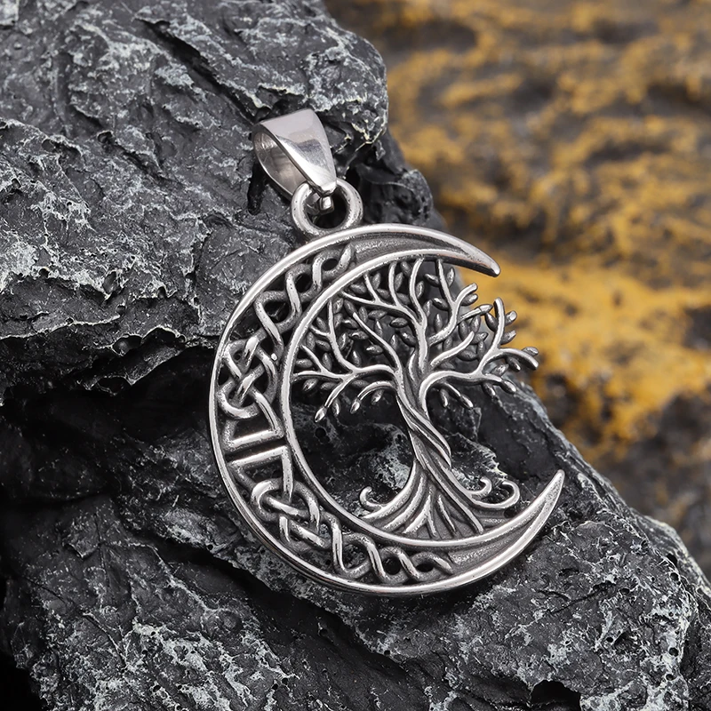 Retro Nordic Celtic Knot Moon Tree of Life Pendant Necklace Men's and Women's Patron Saint Amulet Jewelry Gift