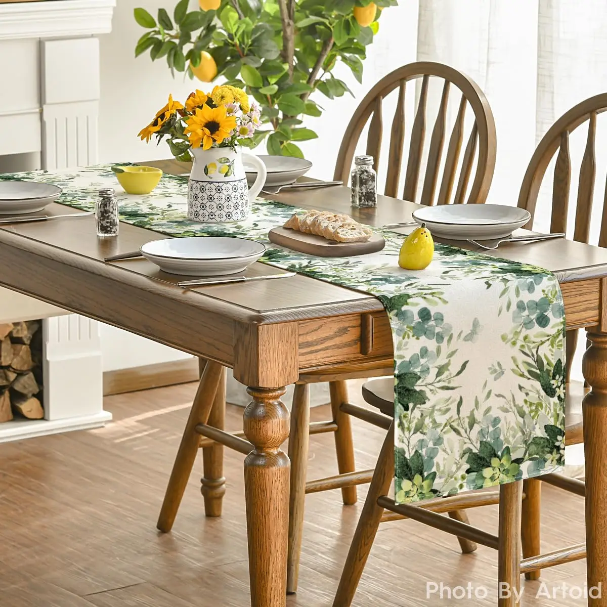Spring Green Flowers Eucalyptus Linen Table Runner Holiday Party Decor Farmhouse Kitchen Dining Table Runner Wedding Decoration 5