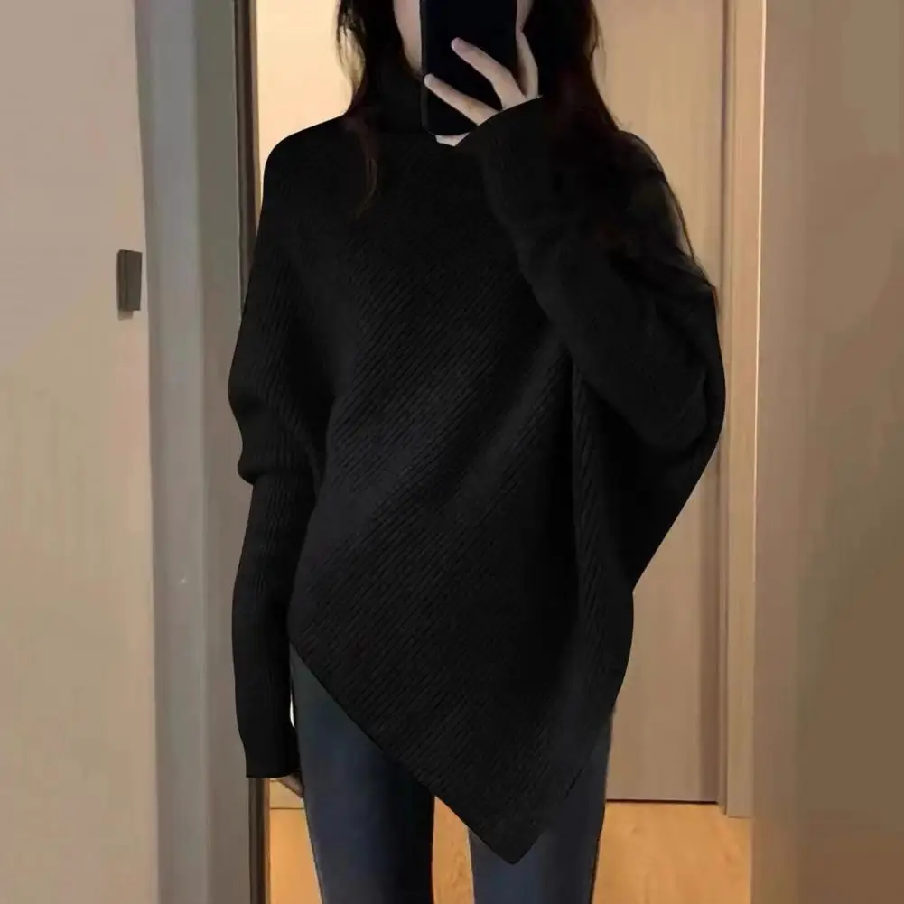 

Women's Winter Sweater High Collar Solid Color Irregular Hem Bat Sleeves Thickened Warm Loose Pullover Women's Sweater