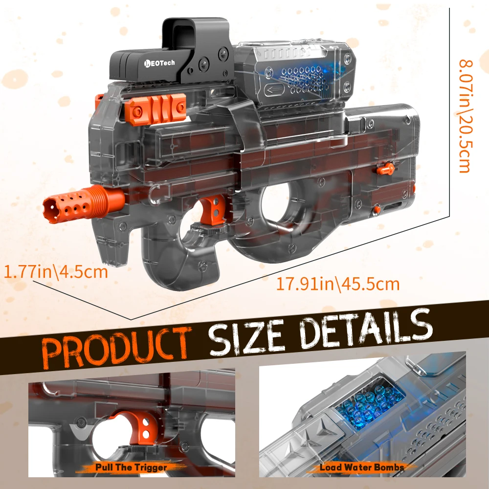P90 New Color! Electric Gel Gun Explosive Gun - Transparent Black, Fully Automatic Splash Ball Toy Gun, Suitable for Outdoor Activities - Outdoor Shooting Team Game 2