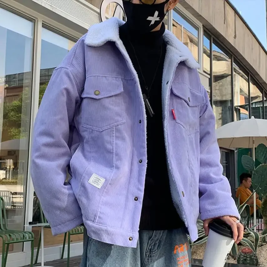 Мужская осенне-зимняя плотная теплая приталенная Вельветовая куртка 2024, мужская верхняя одежда, пальто в стиле хип-хоп, мужская повседневная куртка для подростков, Красочная искусственная кожа