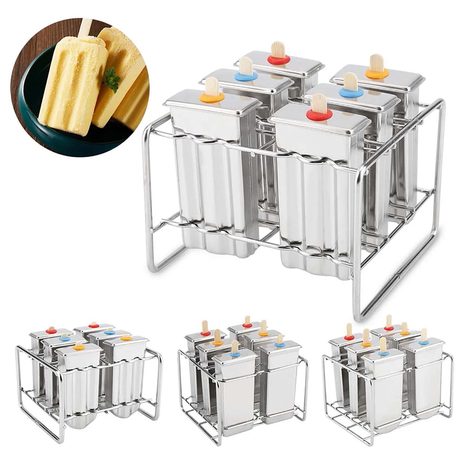 6 Cavities Ice Cream Mold Reusable Popsicle Mold Ice Pop Maker Durable Stainless Steel Cube Tray 4-Type DIY Summer Tool