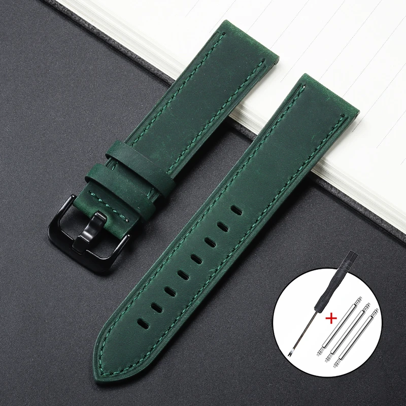 Vintage Brown Genuine Leather Watchband with Black Metal Buckle