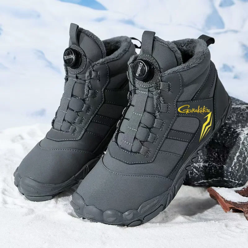 New Gamakatsu Winter Men's Fishing Shoes Waterproof Non-slip Warm Fleece Snow Shoes Rubber Spiral Buckle