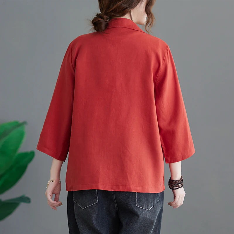 QOERLIN M-XXL Linen Oversize Blazer Office Fashion Embroidered Floral Jacket Pocket Single-Breasted Notched Collar Suit Coat