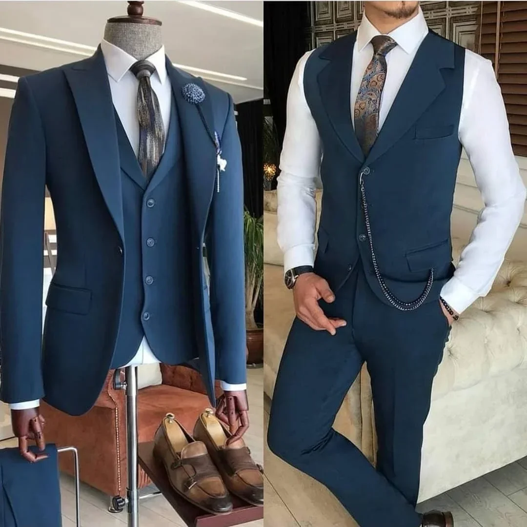 

Dark Blue Elegant Men Suit Smart Casual Slim Fit Peak Lapel Blazers Business High Quality 3 Piece Set Jacket Pants Vest Costume