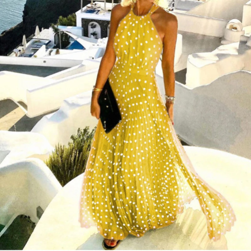 Polka Dot Print Pleated Maxi Dress Women Bohemian Sundress