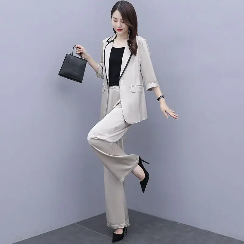 Women Spring Summer Thin Blazers Pants Two Piece Set Office Lady Graceful Patchwork Suit Coats Trousers Outfits Workwear Female