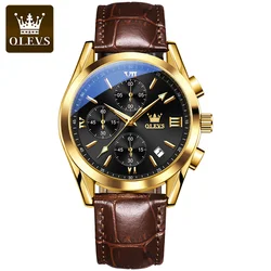 Luxury Chronograph Men's Leather Strap Waterproof Watch with Luminous Dial (Gold Black)