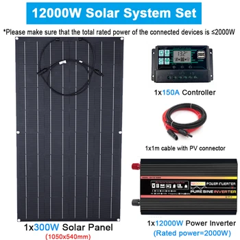 12V/220V Solar Power System 300W 18V Solar Panel 150A Charge Controller 10000W 12000W Car Inverter Power Generation Kit Complete
