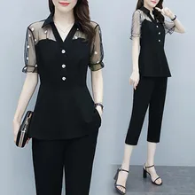 

2 Piece Set Women Casual Fashion Sexy V Neck Lace Patchwork Short Sleeve Tops+High Waist Cropped Pants Black Outfits Female 4XL