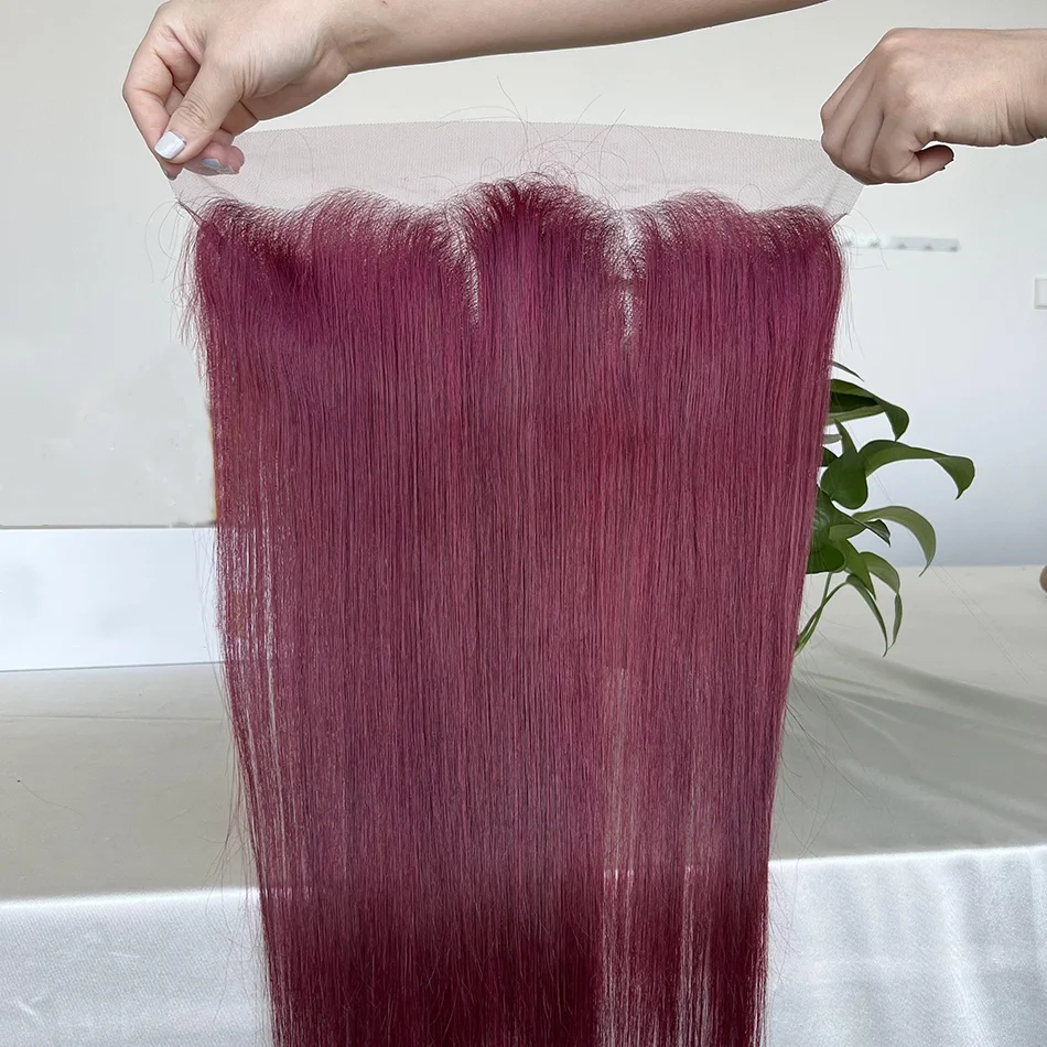 99J 버건디 컬러 13x4 레이스 정면 스트레이트 인모, 투명 레이스 멜트 스킨, 보이지 않는 레이스,  머리로 미리 뽑은