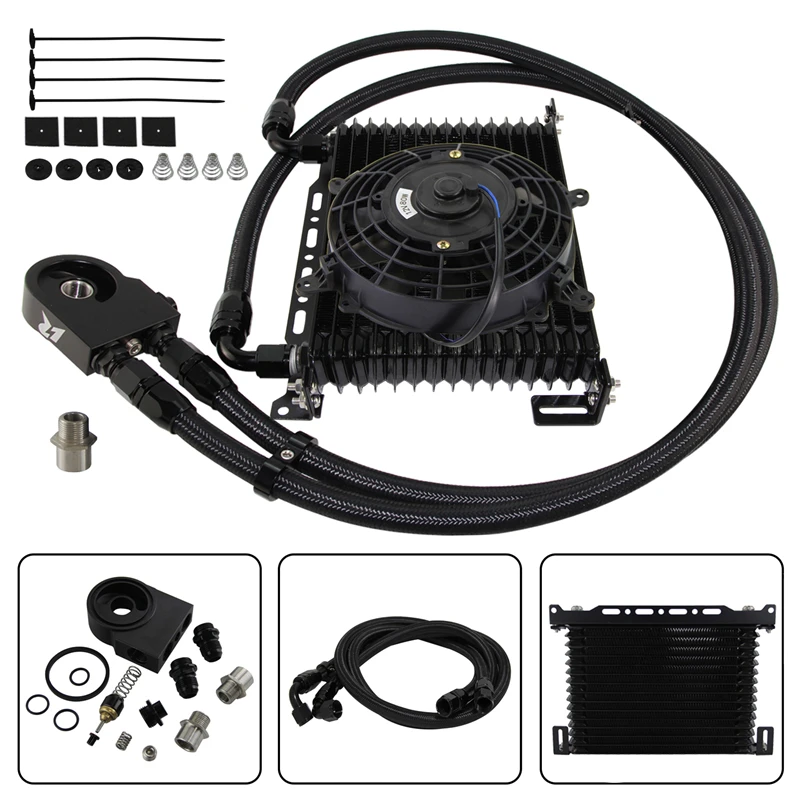 

Oil Cooler Kit Universal 10 -15 Row AN10 w/ Bracket Kit Aluminum Thermostatic 85±0.5°+7'' Electric Fan Japan Black