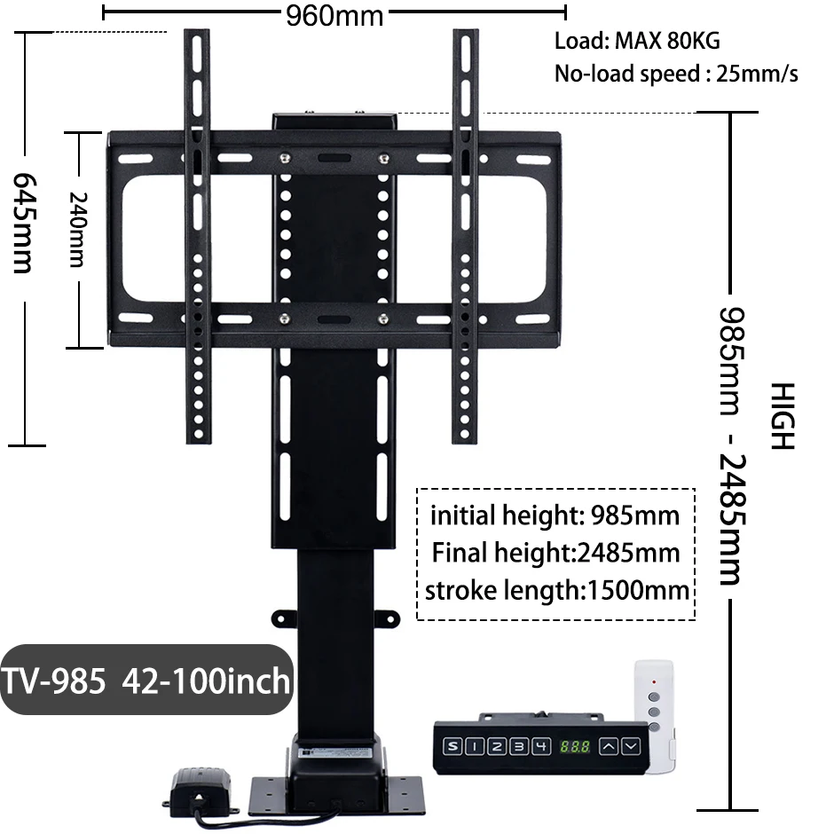  RAJYQODIS Soporte motorizado para TV, soporte de mecanismo de  elevación de TV de altura ajustable y soporte de techo con control remoto y  configuración de memoria, se adapta a televisores de