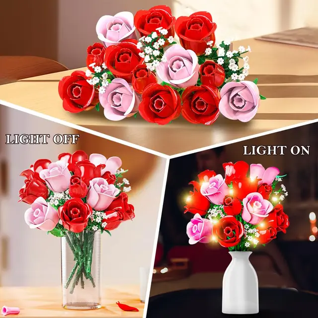 Flowers Bouquet Building Sets with Led-16 Rose Bouquet Botanical Toy Roses Flowers Home Decor Valentine Gifts for Adults Girls 4