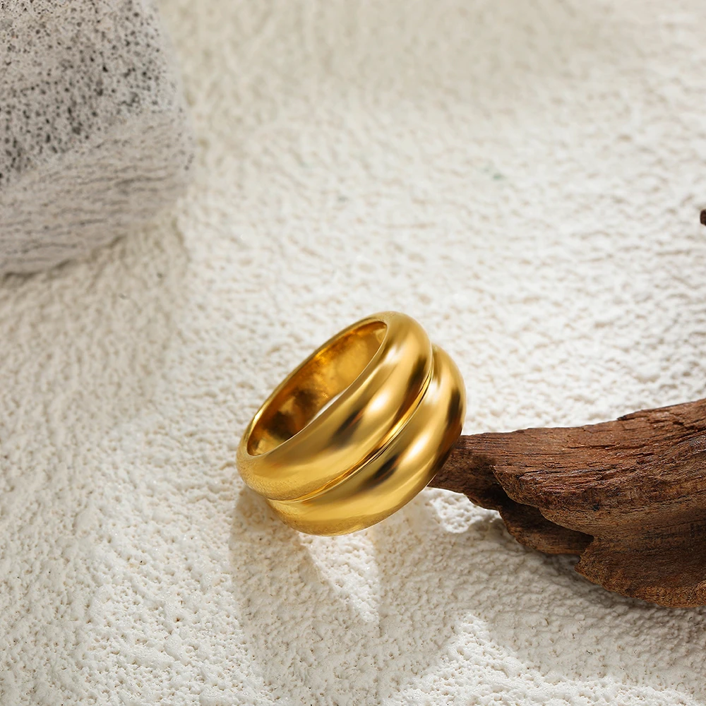 Polished 18K Gold Plated Double-layer Round Minimalist Finger Ring for Women Stainless Steel Hypoallergenic Chunky Rings Jewelry