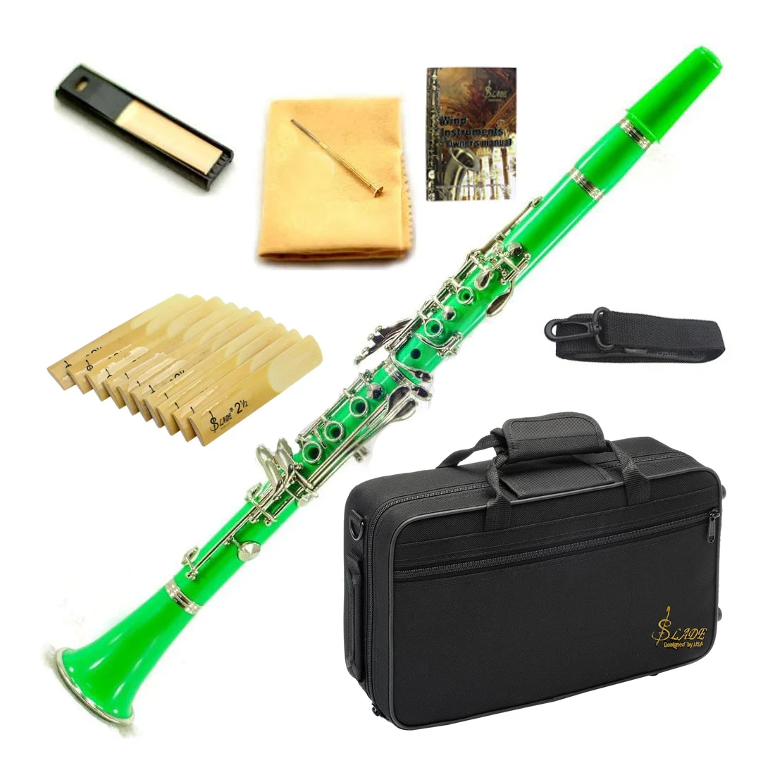 SLADE Clarinet Bb Flat 17 Nickel Key Green Clarinet for Beginners Comes with 2 Gun Barrels Hard Shell and Cleaning Kit