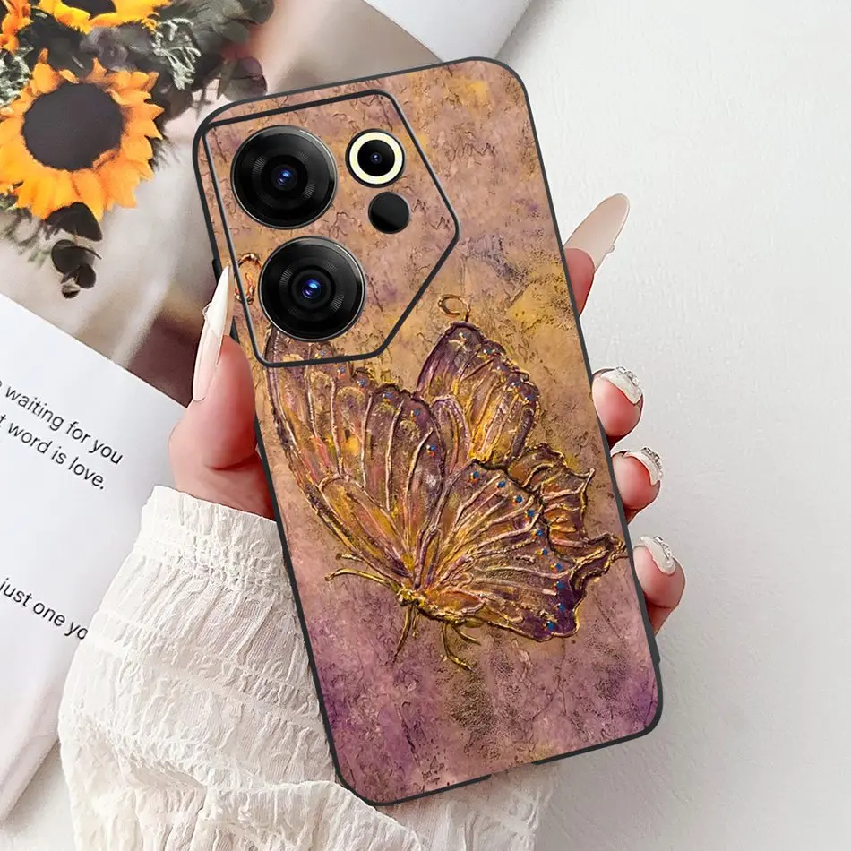 Tecno Camon 20 Premier Elegant Floral Cat Design Black Silicone Phone Case