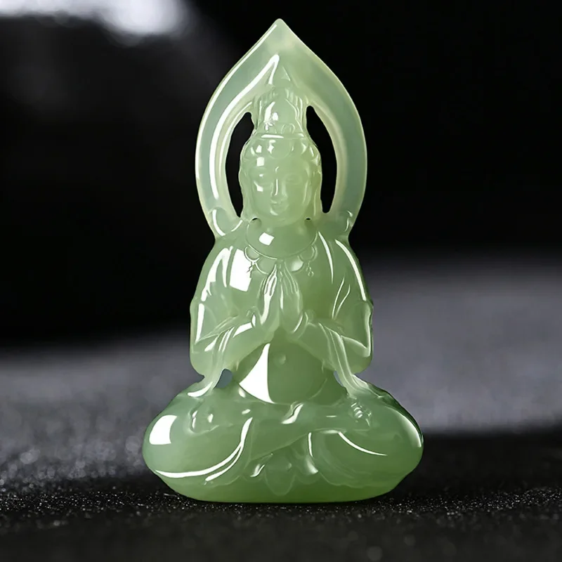 

Myanmar Hotan Jade Blue White Guanyin Bodhisattva Pendant Hand Carving Three Dimensional Guanyin Necklace Guard Safety Amulet