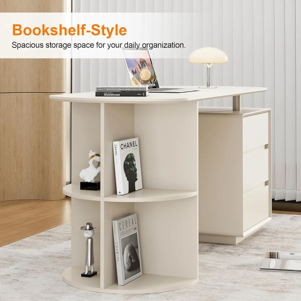 55inch Computer Desk with Drawers and Storage Shelves, Modern Simple Style Laptop Desks, Home Office Writing Desk