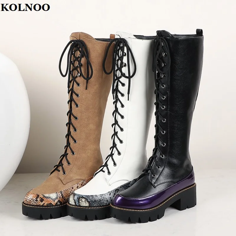 

Kolnoo New Arrival Handmade Womens Knee-high Boots Crisscross Shoelace Thick Sole Prom Half Booties Evening Fashion Winter Shoes