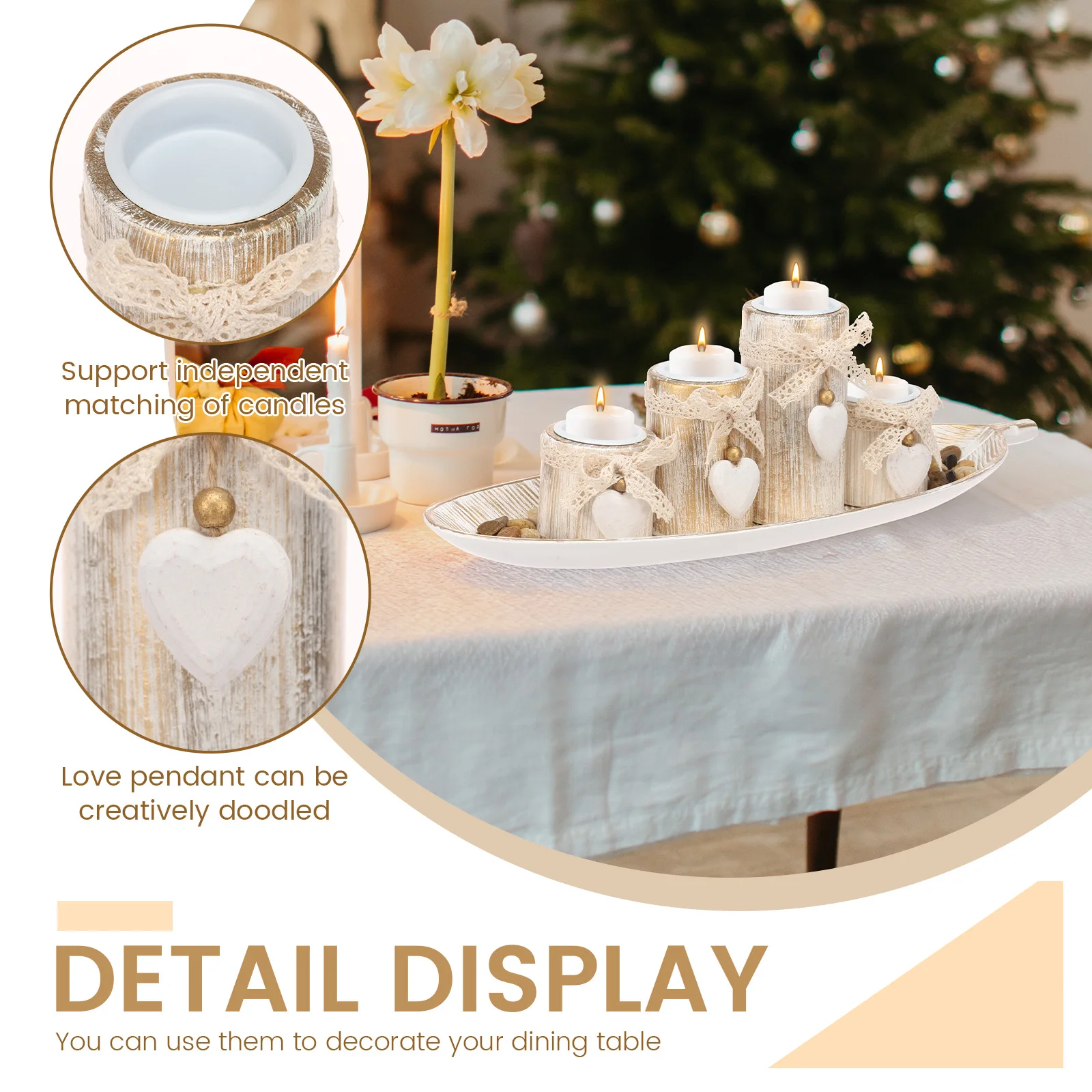 Wooden Candle Holders Tealight Candlestick Set 3/4Pcs Tealight Candle Holder with Tray and Decorative Pebble for Home Decoration