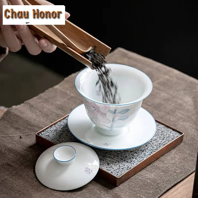 175ml Hand Painted Pile Carving Lily Gaiwan Boutique Tea Tureen Tea Bowl with Lid Kit Tea Brewing Cover Bowl Cafes Ornaments