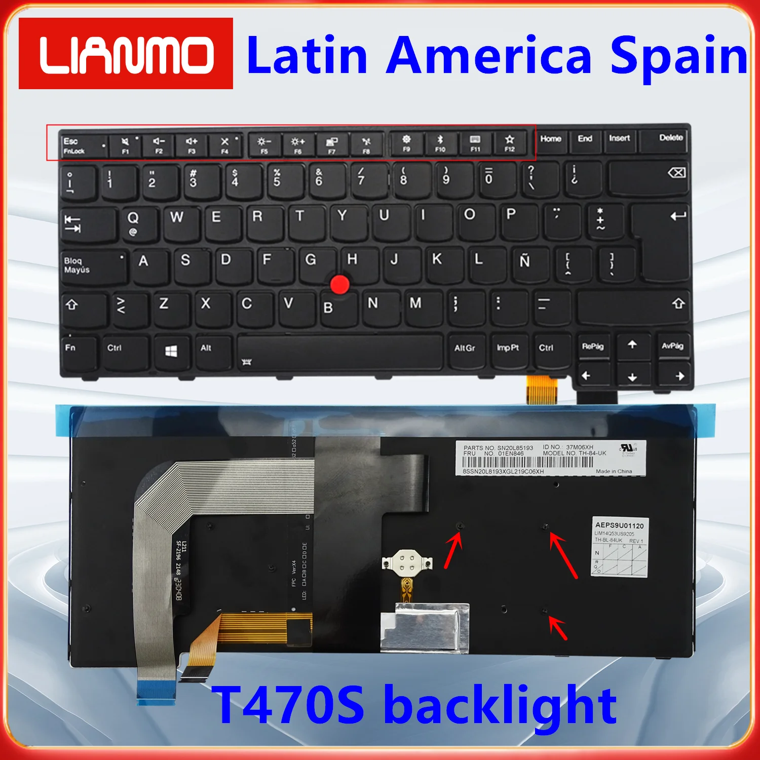 Clavier Rétroéclairé Pour Lenovo T460S / T470S - QWERTY US - Noir - Occasion Fonctionnel