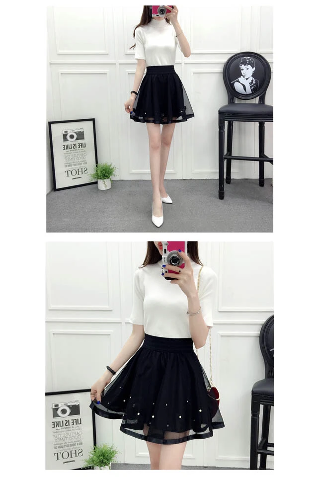 2021 New Spring Summer and Autumn Mesh Short Skirt Elastic Waist Versatile Pengpeng Skirt A-line High Waist Lace Lady Girl Black leather skirt