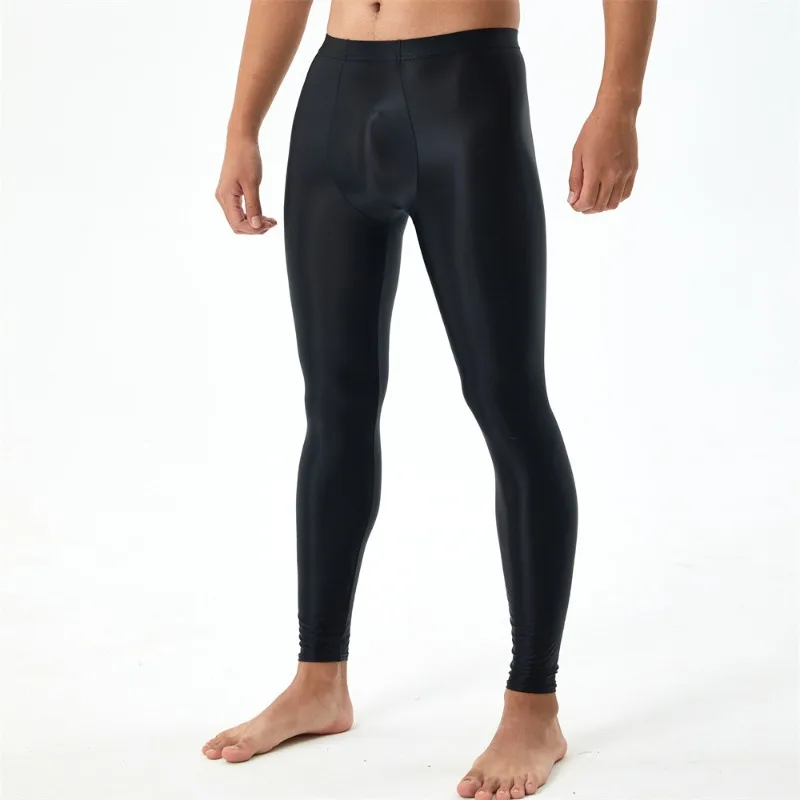 Glossy Satin Leggings Man Pants Gym High Waist Skinny Sheer Sexy Smooth Yoga Leggings See Through Sports Tights Men Trousers