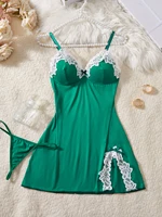 Nouvelle Lingerie Sexy pour femmes dentelle transparente Patchwork vêtements de nuit fronde vêtements de nuit élégants nuisette côté robe et string ensemble 5
