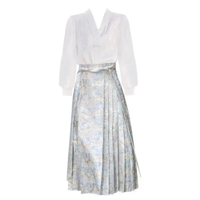 New Chinese Women's Horse Skirt Hanfu Embroidered Shirt Suit Spring New Horse Face Skirt Fashion 2-piece Suit