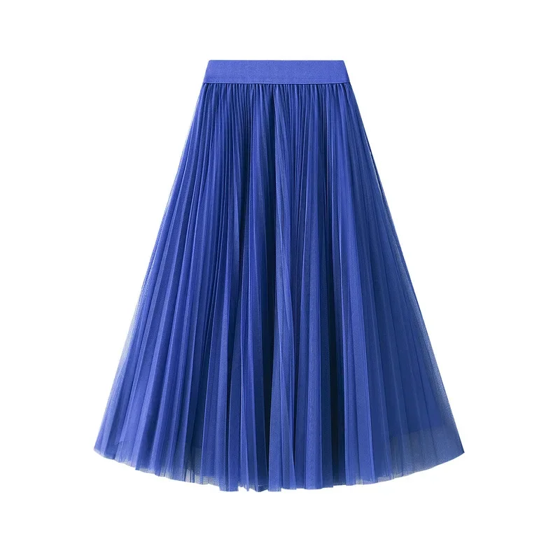 

Tulle Pleated Skirt Women High Waist A Line Mesh Vintage Long Skirts Solid Color Sweet Swing Gauze Jupe Faldas Largas