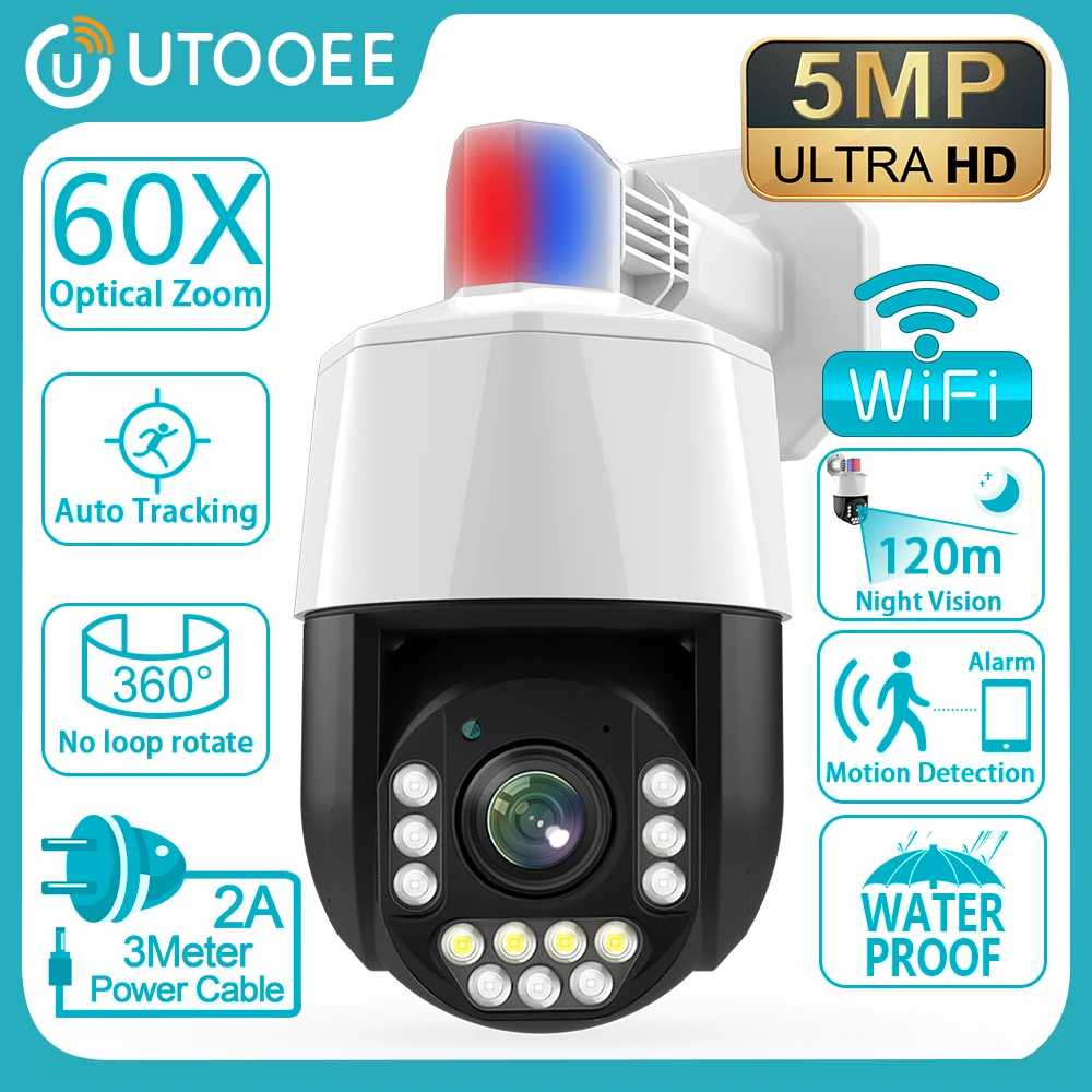 

UTOOEE 5MP 360° Rotation PTZ WIFI Camera 60X Optical Zoom AI Human Tracking Outdoor Security CCTV Surveillance RJ45 IP Camera