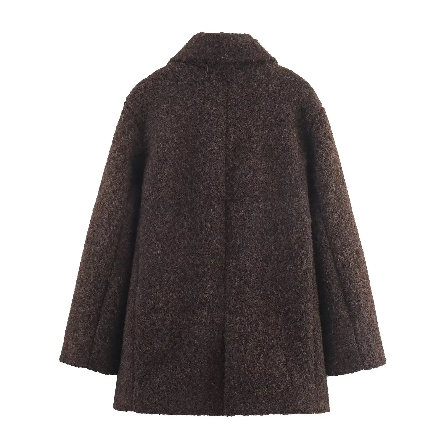 Women's Brown Commuting Pearl Leather Woolen Coat Female Lapel Double Breasted Pocket Overcoat Fashion Casual Jacket Streetwear