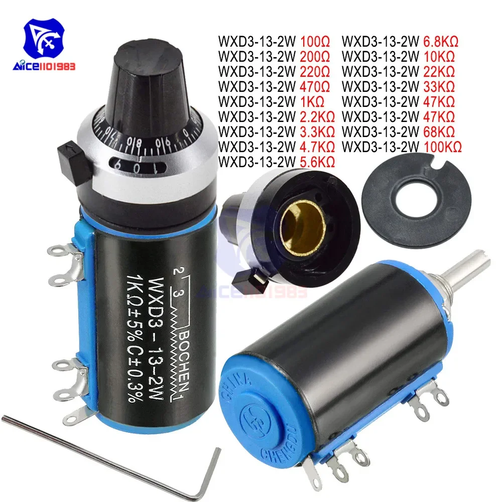 WXD3-13-2W Wirewound Potentiometer Resistance 100R 470R 1K 4.7K 10K 22K 47K 100K&Omega; Ohm 10 Turn Precision Dial Potentiometer Knob