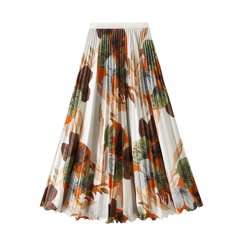 2026 Spring Summer Floral Print Pleated Long Skirts Women Elastic High-waist A-line Casual Maxi Skirt