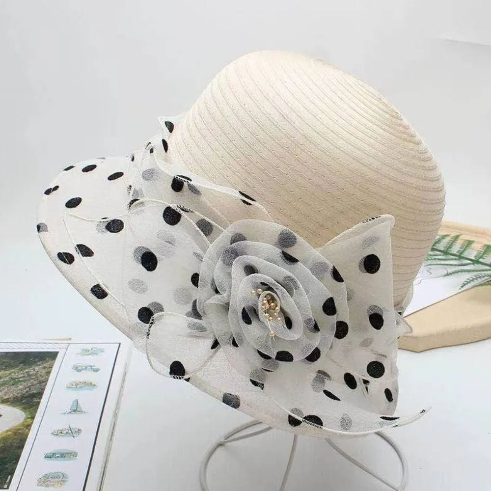 Sommerlicher Polka-Dot Sonnenhut Einfarbiger Sonnenschutz-Bucket-Hat Atmungsaktiver Organza-Bowler-Hut – Detail 3
