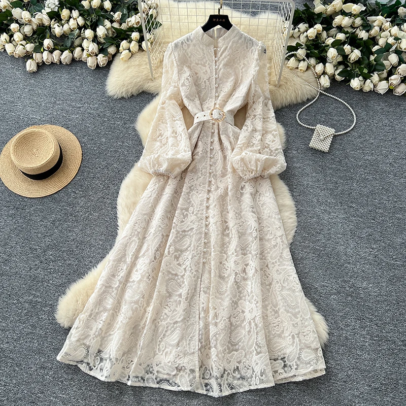 Spring Autumn High End Elegant Birthday Party Women's Dress New French Hook Flower Single Breasted Slim Lace Long Dress S89